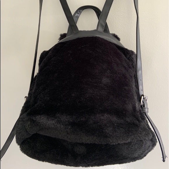 New Black Faux Fur Winter 12" Backpack - Picture 3 of 7